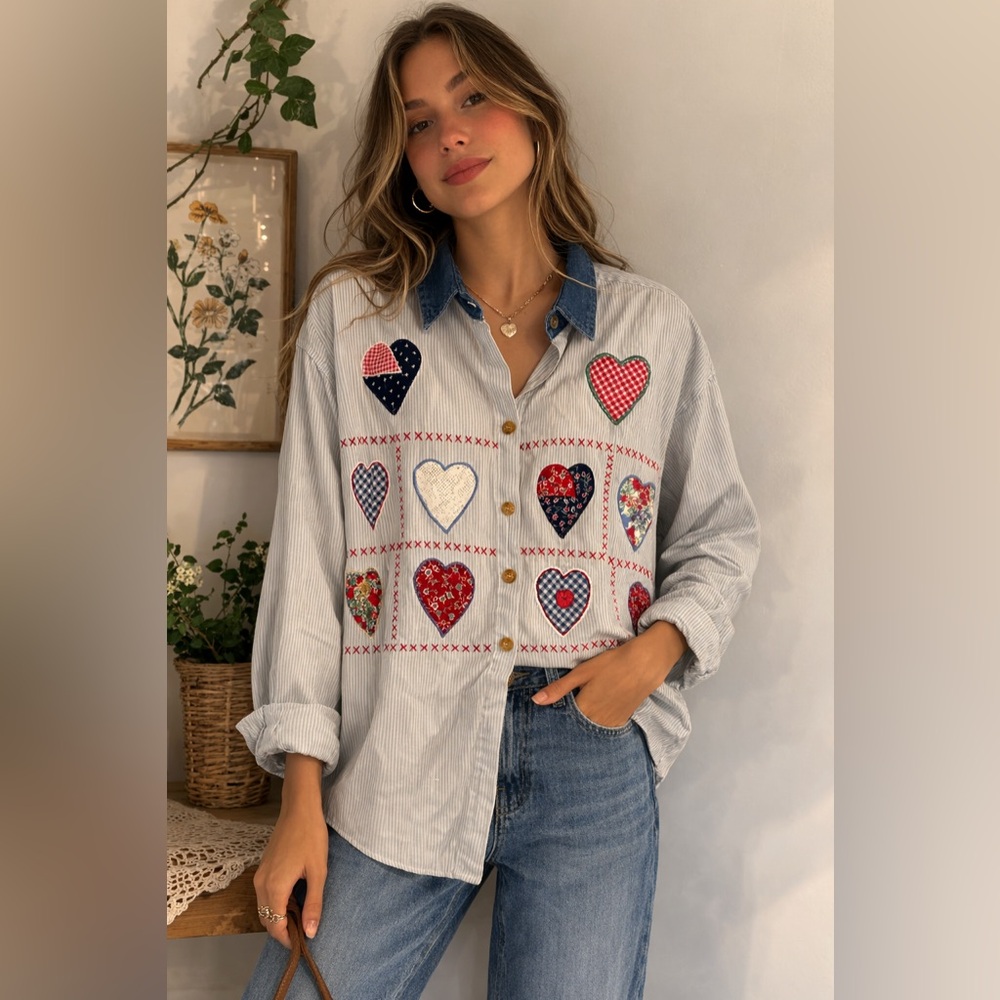Vintage Patchwork Heart Shirt handmade Cottagecore Quilt Applique Button Down